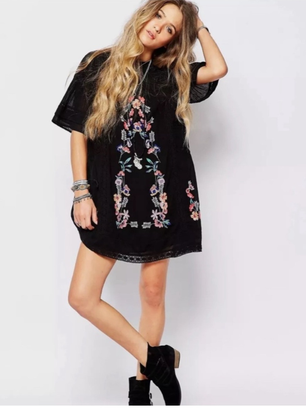 Free People Black Embroidered Floral Mini Dress Msrp $168